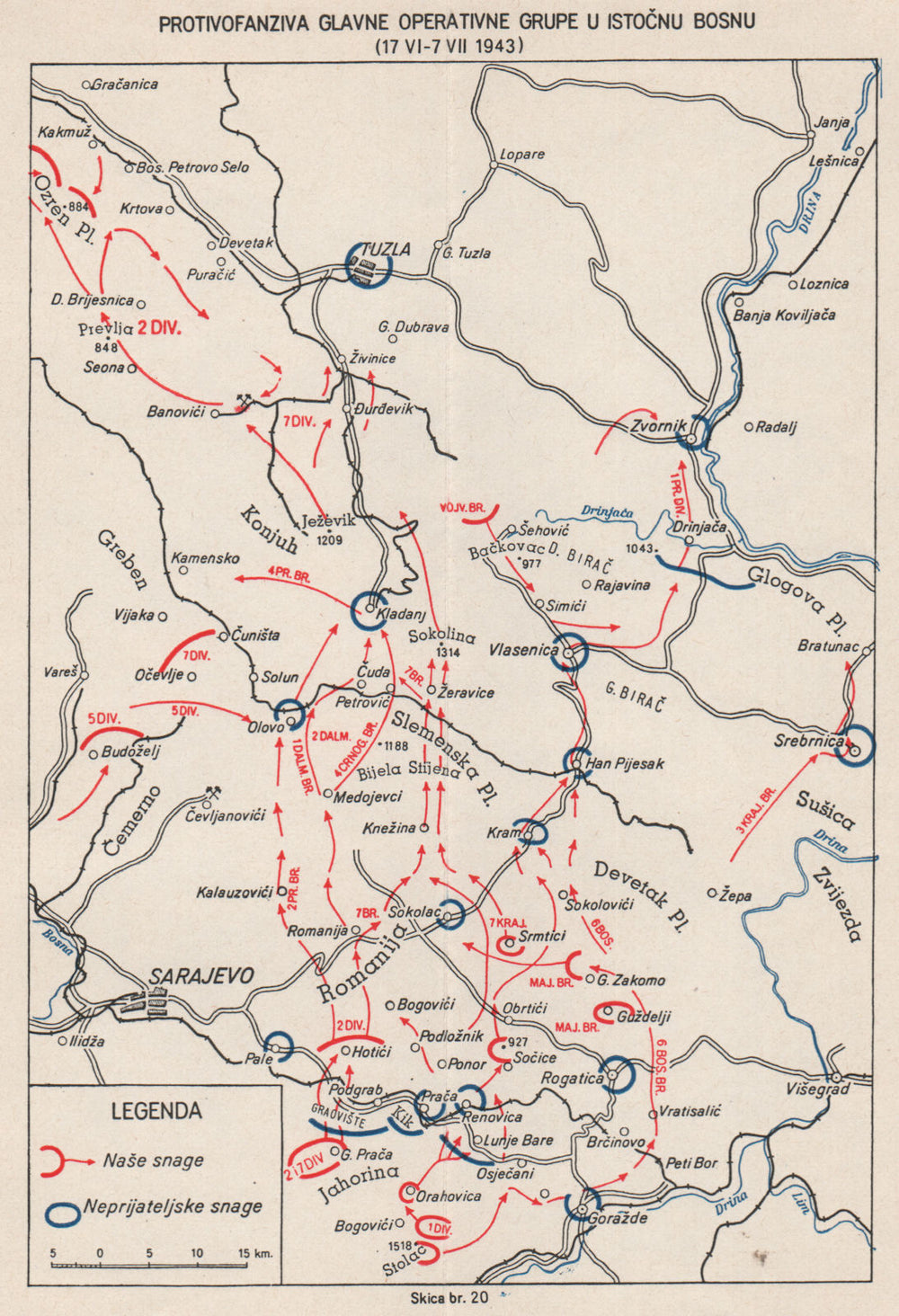 EASTERN BOSNIA. Counteroffensive 17 June-7 July 1943. Tuzla Sarajevo 1957 map