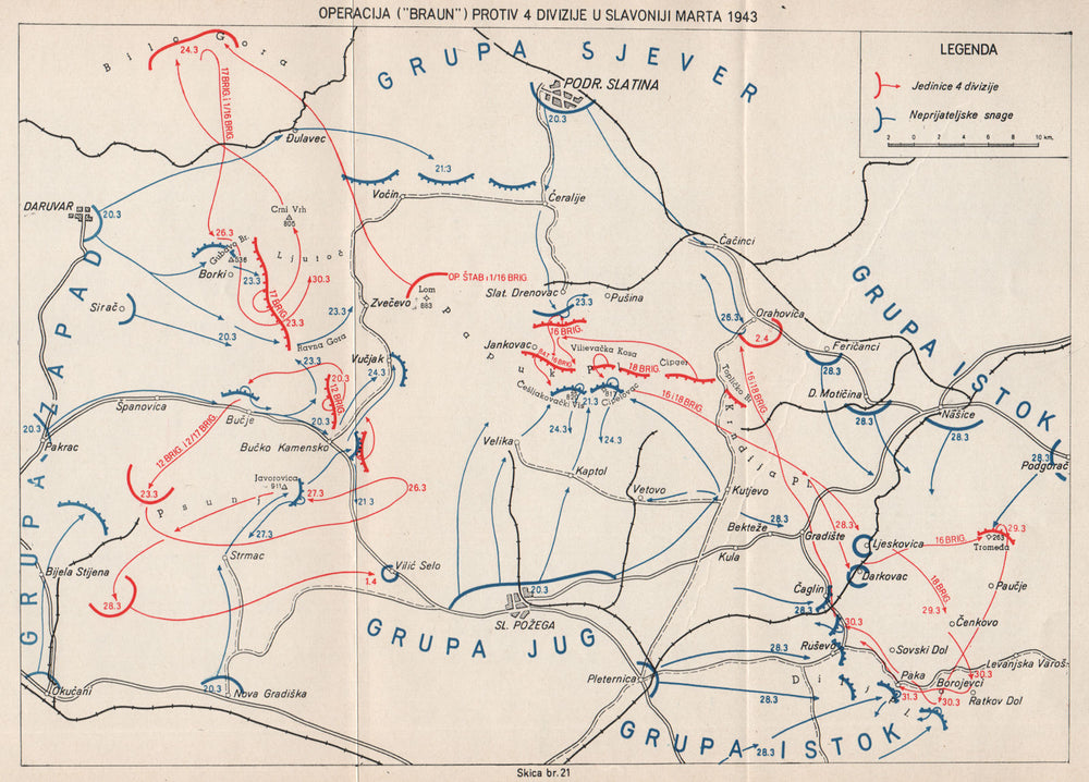 CROATIA.Operation Braun.Psunj-Papuk.Slavonia April 1943.Slatina.Pozega 1957 map
