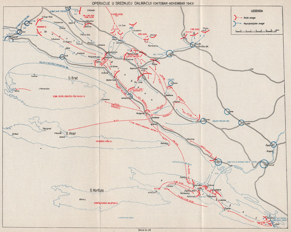 CENTRAL DALMATIA. October-Nov 1943. Split Hvar Brac Peljesac Croatia 1957 map