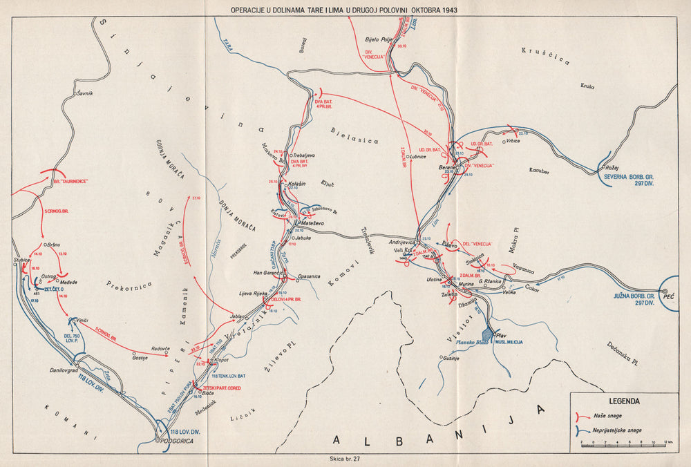 MONTENEGRO. Operations in valley of Tara & Lim October 1943. Matesevo 1957 map