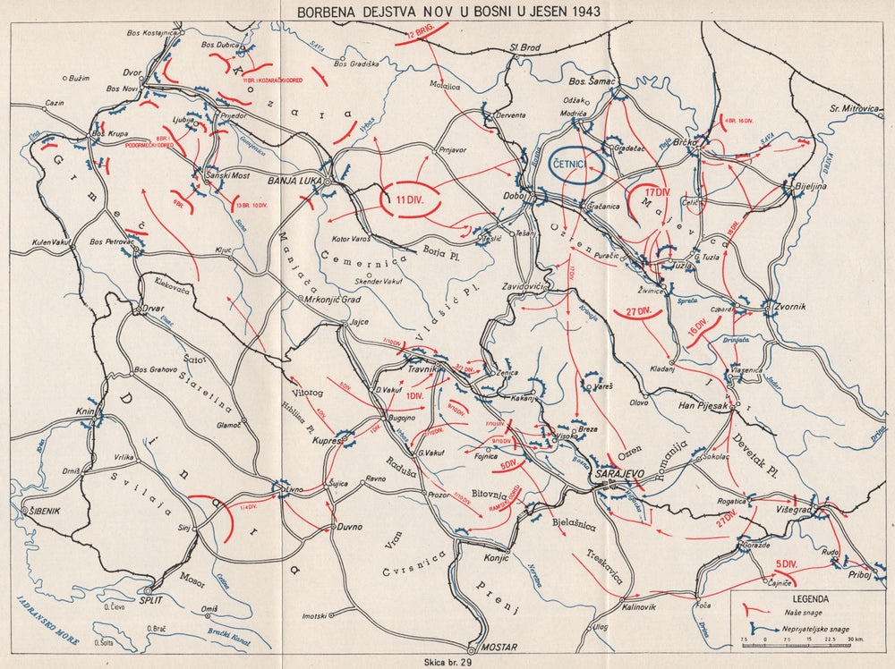 BOSNIA. Nov combat operations in Autumn 1943. Sarajevo Banja Luka 1957 old map