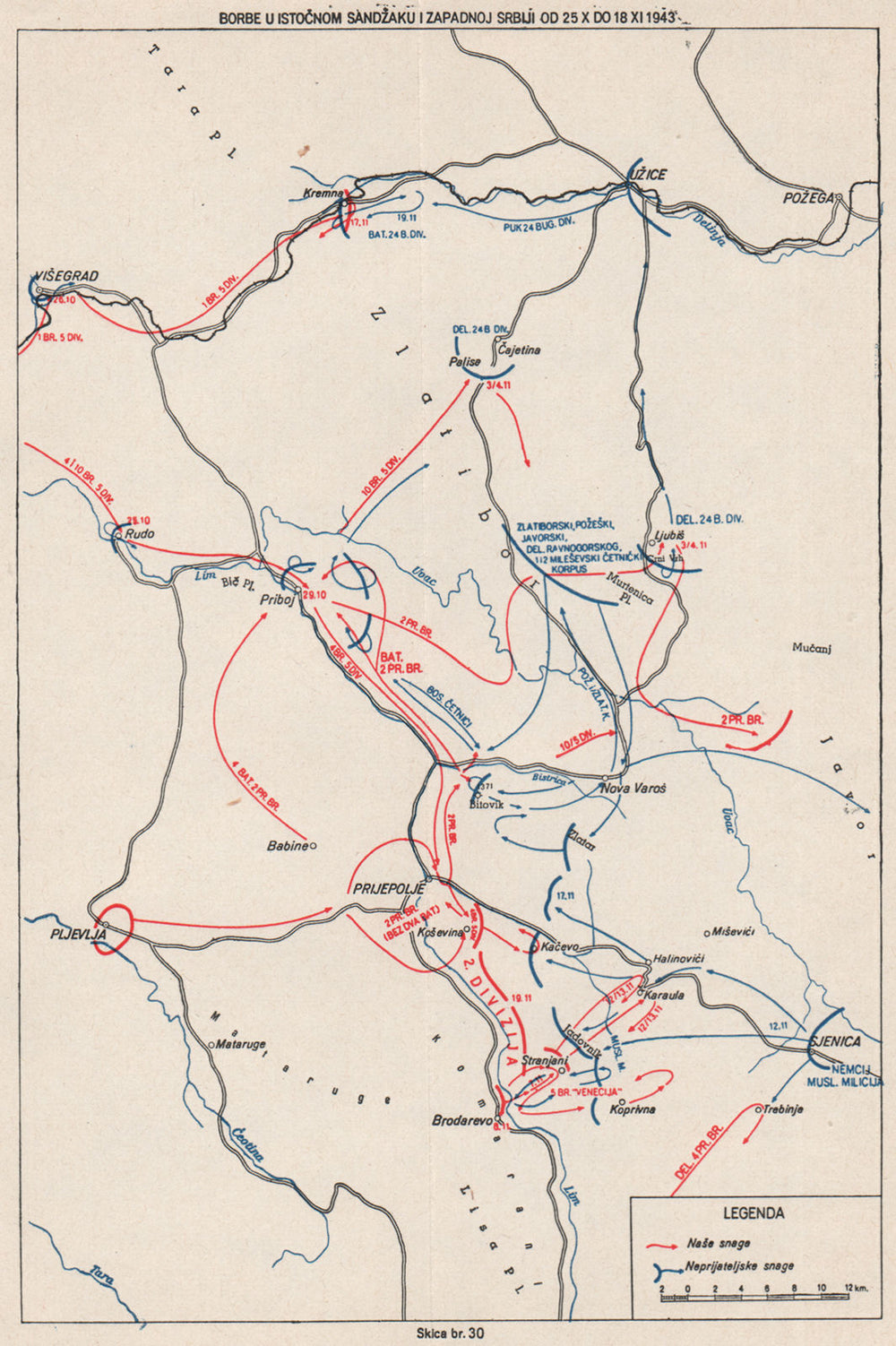 SERBIA. Combat operations. Sandzak. October/November 1943. Prijepolje 1957 map