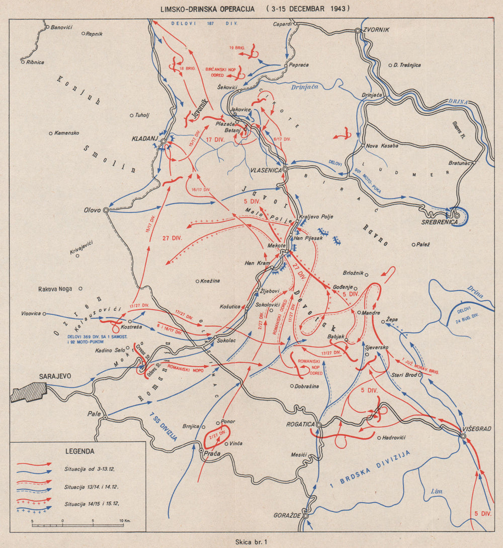 BOSNIA HERZEGOVINA. Lim-Drinska Operation Dec 1943. Kladanj Vlasenica 1957 map