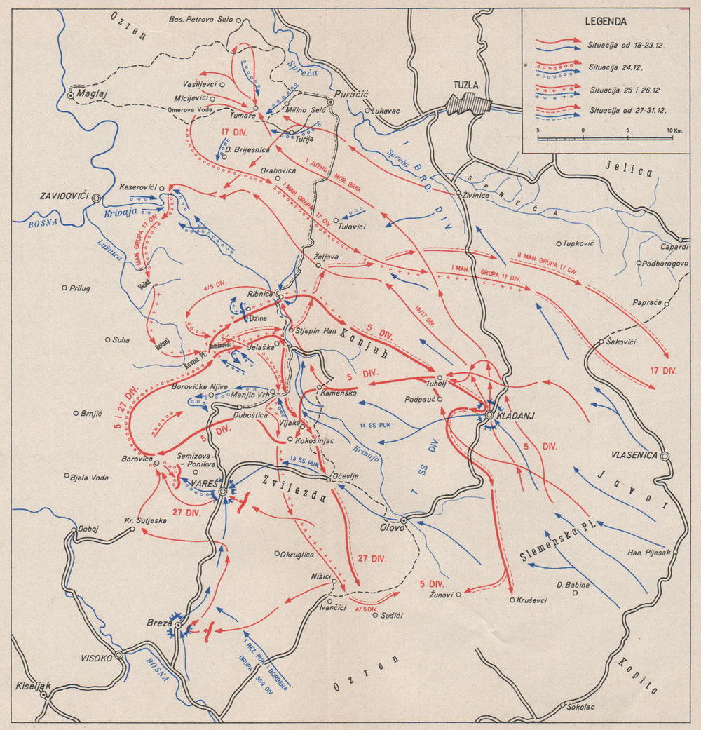 BOSNIA HERZEGOVINA. Krivajska Operation Dec 1943. Vares Kladanj Tuzla 1957 map