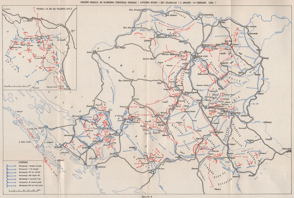 BOSNIA HERZEGOVINA. 3 January-14 Feb 1944. Zadar Banja Luka Dalmatia 1957 map