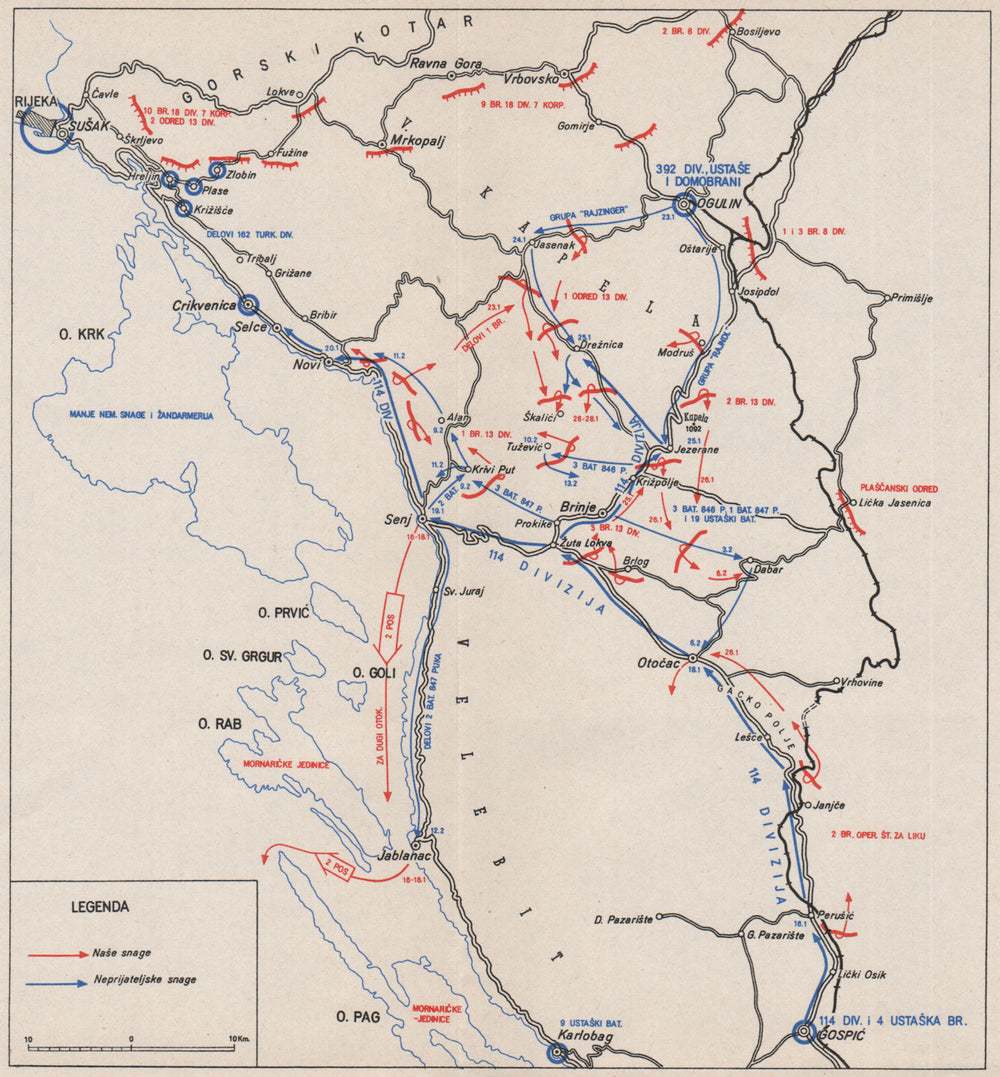 CROATIA. Rijeka Ogulin Brinje Lika Gorski Kotar Coast Jan-Feb 1944 1957 map