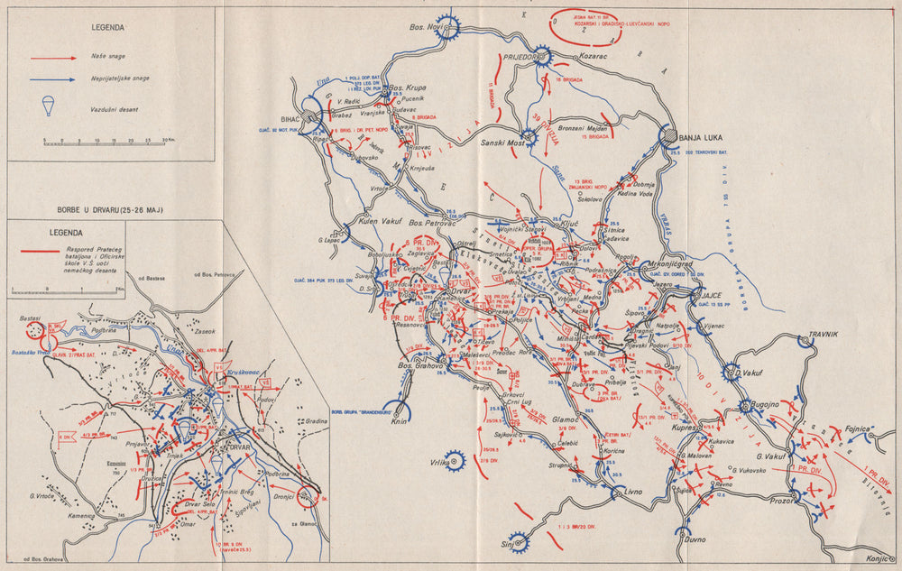 OPERATION ROSSELSPRUNG. 7th offensive. Drvar May-June 1944.Jajce Bosnia 1957 map