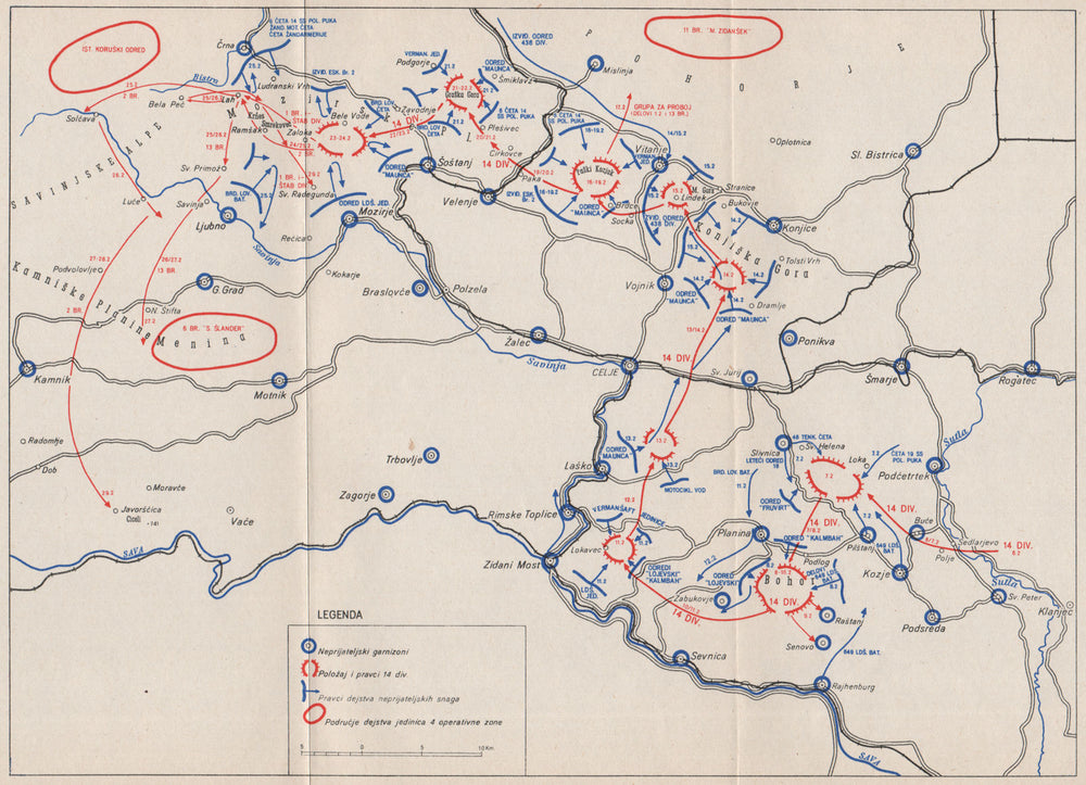 SLOVENIA. Penetration of 14 Division in Styria (February 1944) . Celje 1957 map