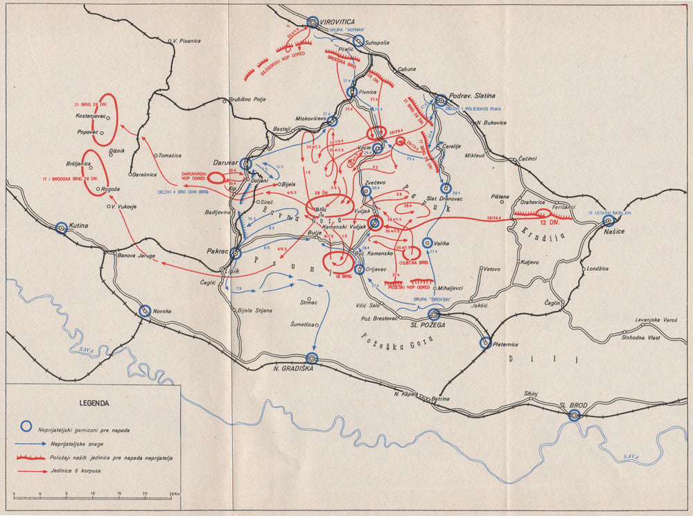 OPERATION UNGEWITTER/OLUJA. April/May 1944 Daruvar Pozega Croatia 1957 old map