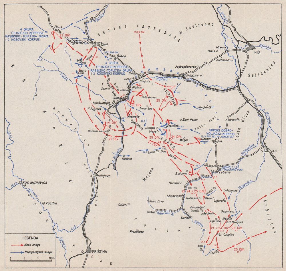 SERBIA. Operation Trumpf-Toplica-Jablanica Jul-Aug 1944. Prokuplje 1957 map