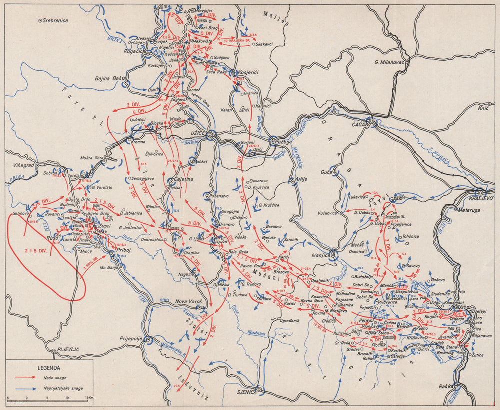 SERBIA. Uzice Usce Priboj Rogacica (15 March-20 May 1944)  1957 old map