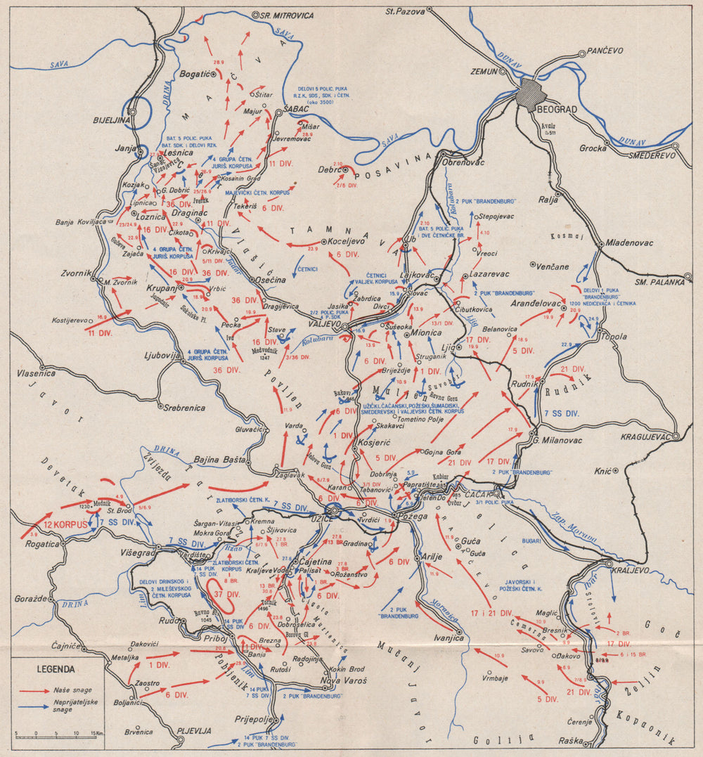 SERBIA. Combat operations August-October 1944. Uzice Valjevo Bijeljina 1957 map