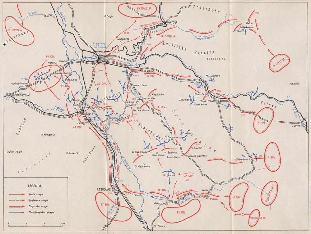 SERBIA. Niš operation (Niška operacija)  (8-14 October 1944) . Leskovac 1957 map