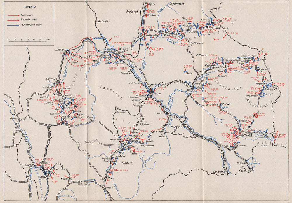 LIBERATION OF MACEDONIA. 8 Oct-20 Nov 1944.Veles Prilep Skolje Strumica 1957 map