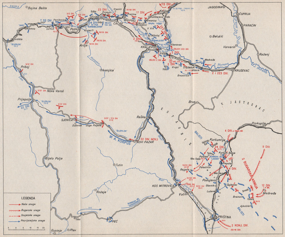 LIBERATION WESTERN SERBIA KOSOVO METOHIJA. Q4-1944. Kraljevo Pristina 1957 map