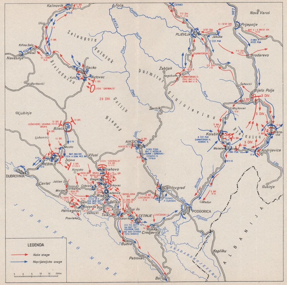 MONTENEGRO. 2 NOVJ combat ops Sept-Oct 1944. Pljevlja Cetinje Trebinje 1957 map
