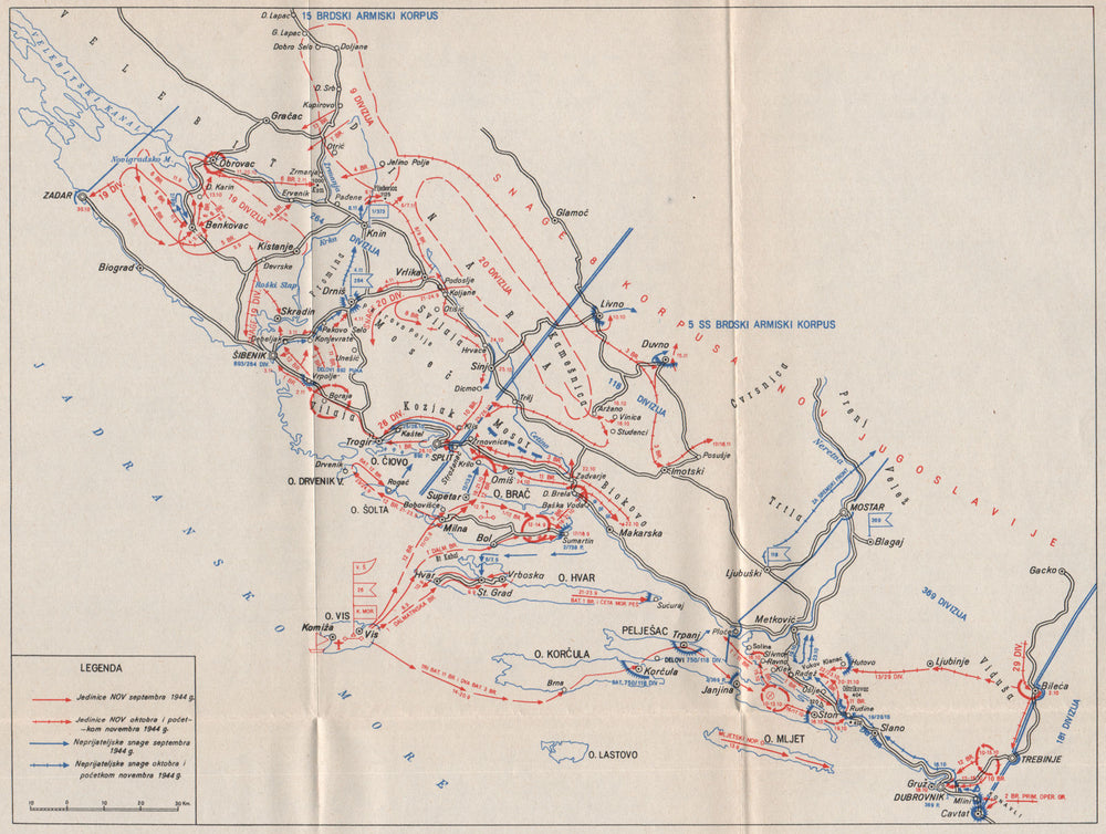 LIBERATION OF DALMATIA. Oct-Nov 1944. Sibenik Split Dubrovnik Croatia 1957 map
