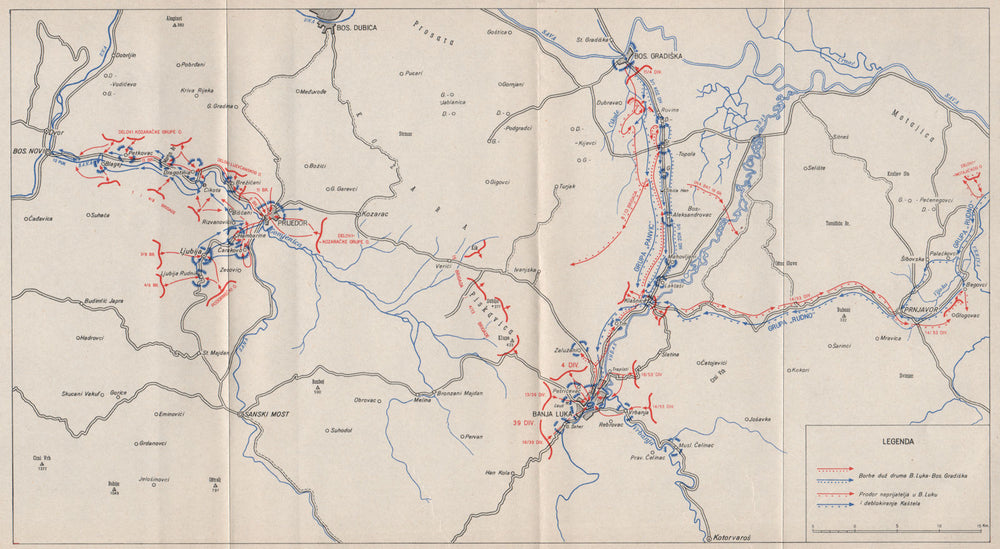BOSNIA HERZEGOVINA.Combat operations Sana Banja Luka Prijedor Sept 1944 1957 map