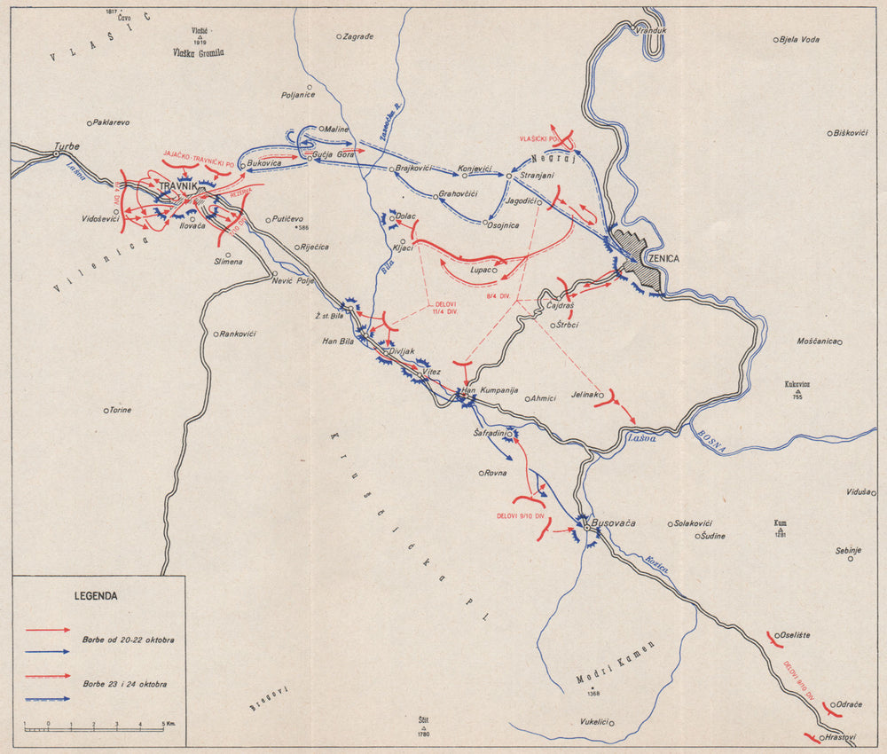 THE LIBERATION OF TRAVNIK. 20-24 October 1944 Zenica Bosnia-Hercegovina 1957 map