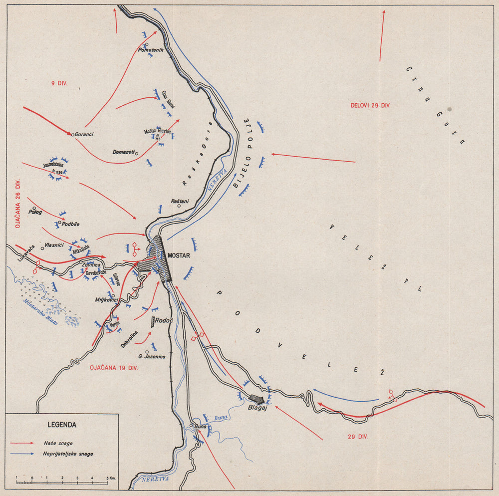 BOSNIA HERZEGOVINA. The Liberation of Mostar (13 and 14 February 1945)  1957 map
