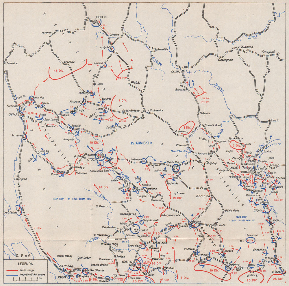 CROATIA. Lika-Primorje March-April 1945.Otocac Bihac Gospic Ogulin Senj 1957 map