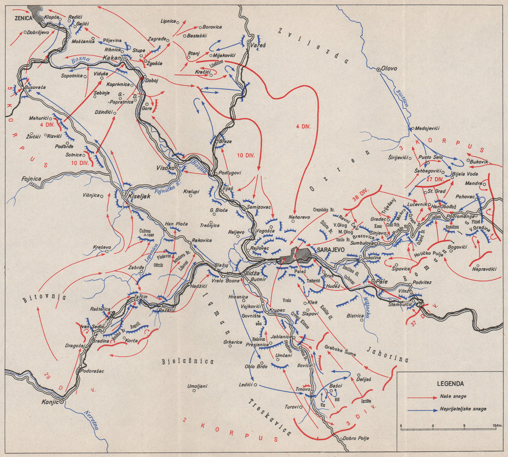 SARAJEVO. Combat operations. 29 March-10 April 1945. Zenica 1957 old map