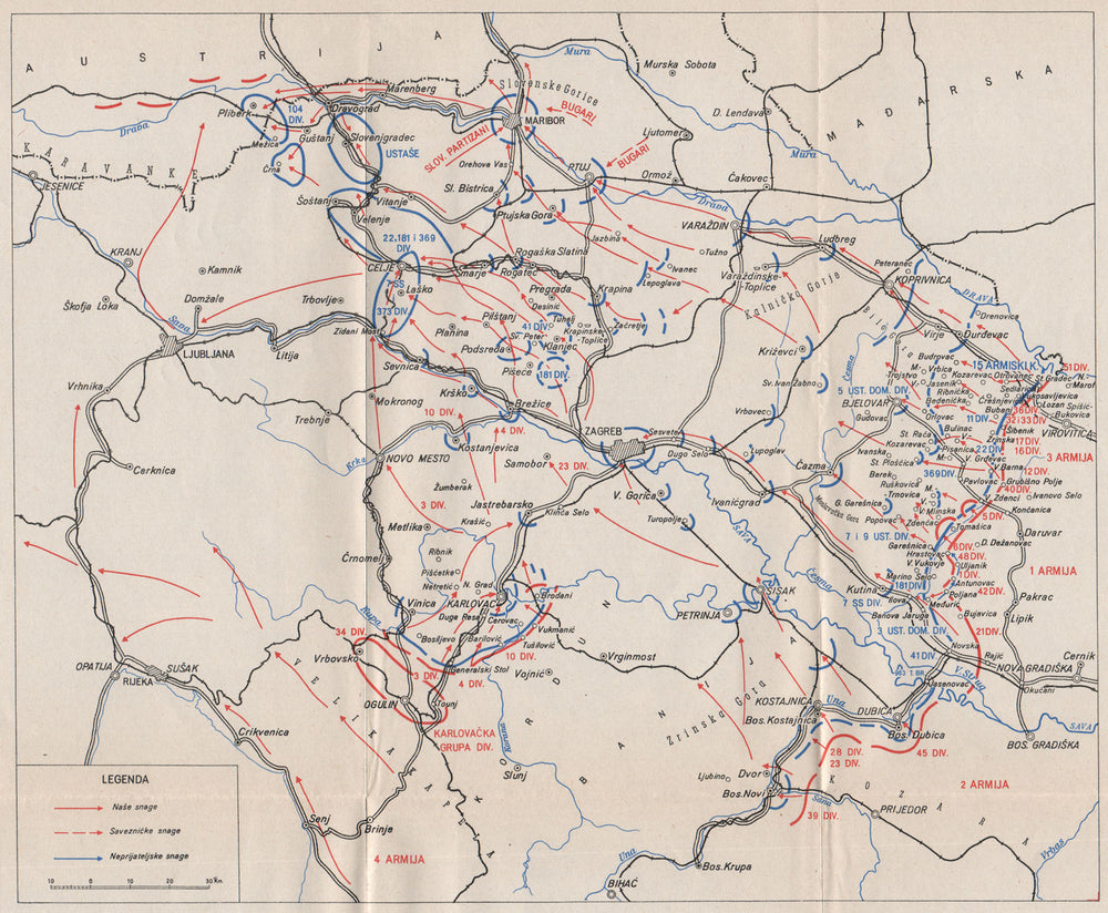 LIBERATION OF YUGOSLAVIA. Combat ops.May 1945. Zagreb Ljubljana Maribor 1957 map