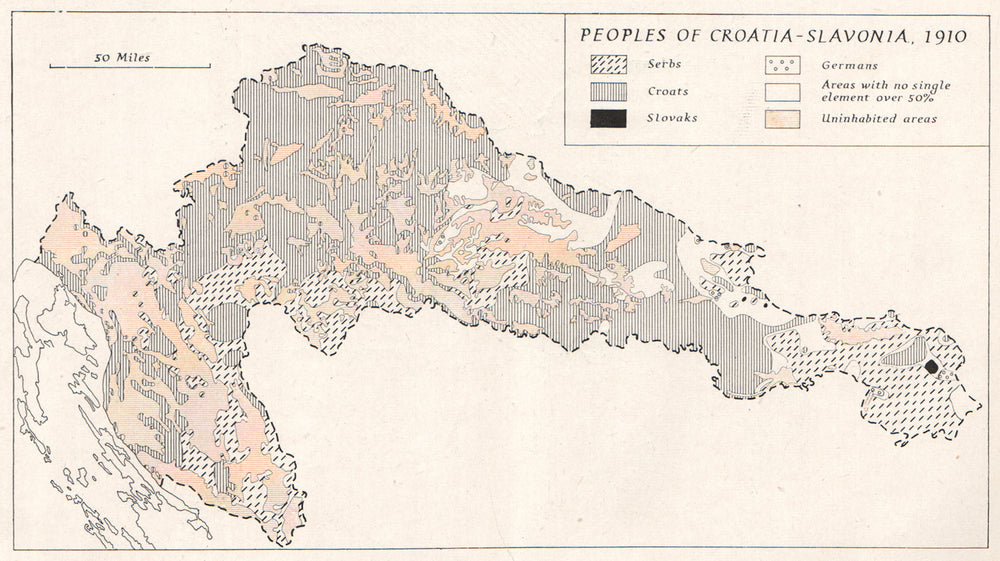 CROATIA-SLAVONIA. Ethnography 1910. Serbs Croats. WW2 NAVY INTELLIGENCE MAP 1944