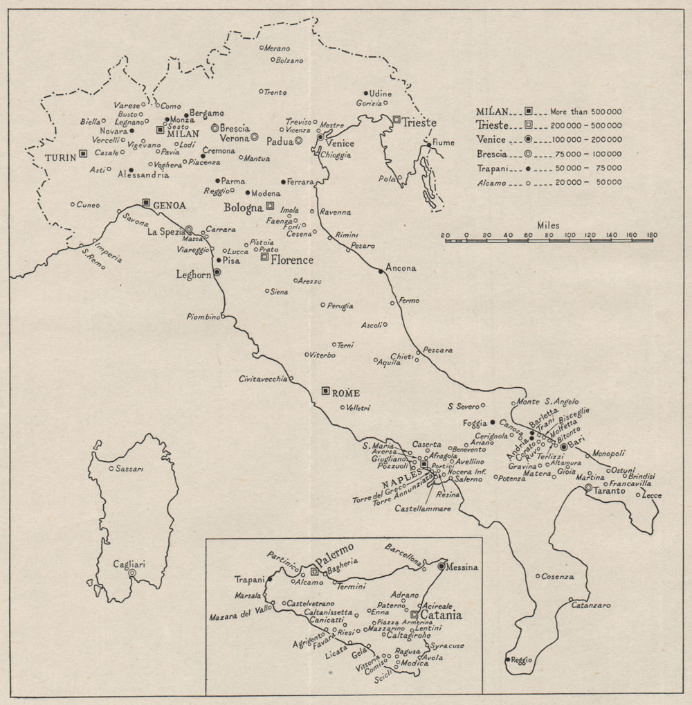 ITALY. Major towns by population. WW2 ROYAL NAVY INTELLIGENCE MAP 1944 old