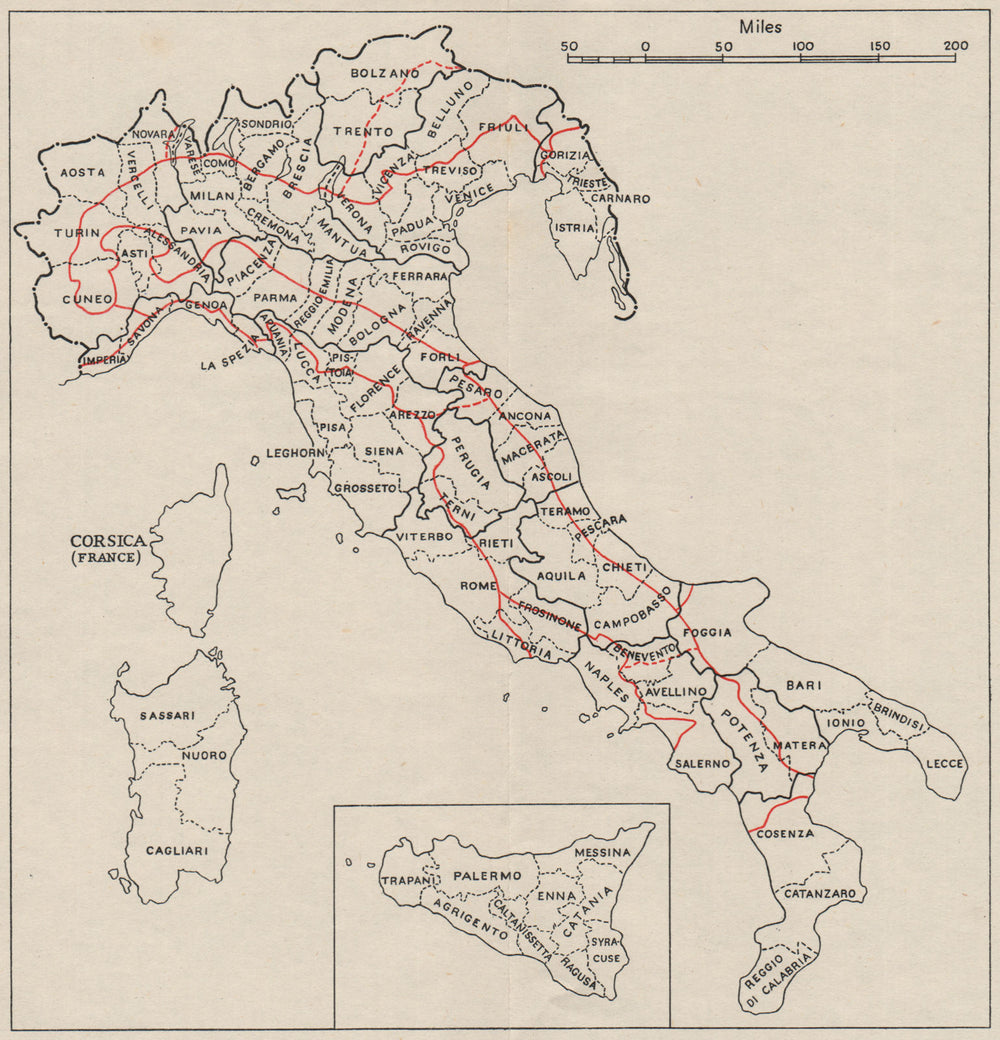 ITALY.Provinces Compartments.Physical regions(red).WW2 RN INTELLIGENCE MAP 1945