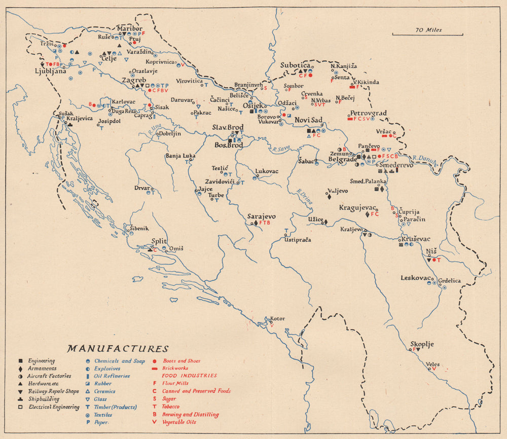 YUGOSLAVIA. Manufacturing industries. WW2 ROYAL NAVY INTELLIGENCE MAP 1945