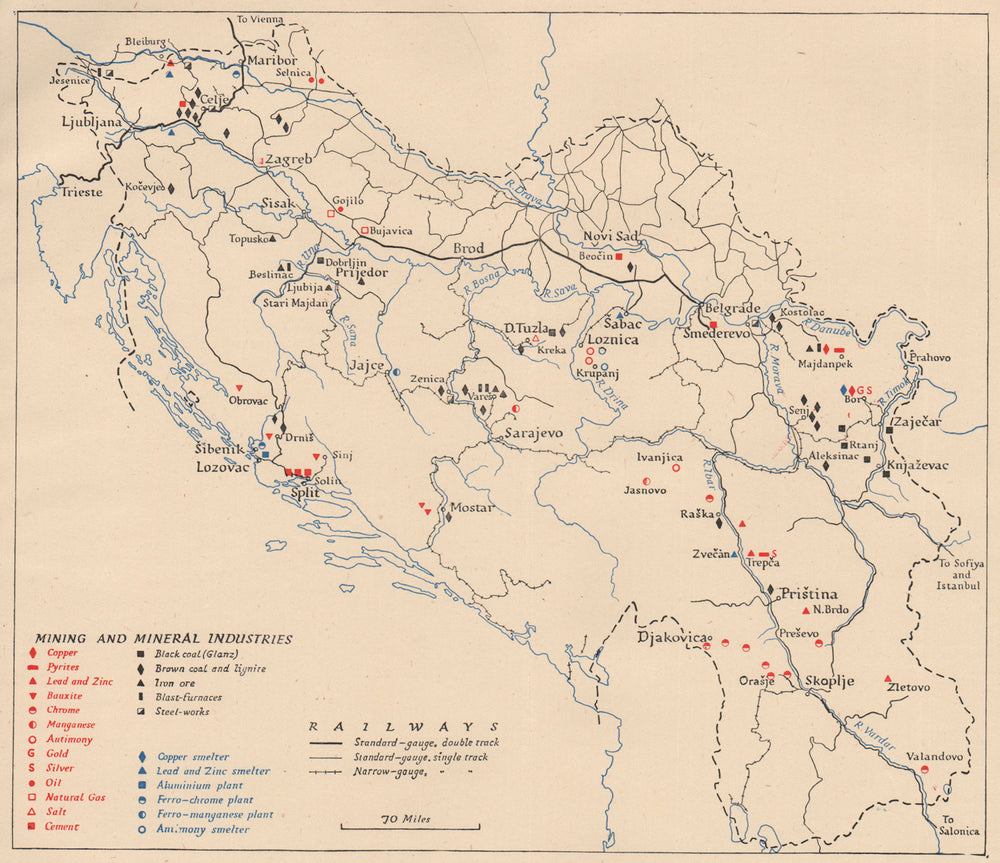 YUGOSLAVIA. Mining & mineral industries. WW2 ROYAL NAVY INTELLIGENCE MAP 1945