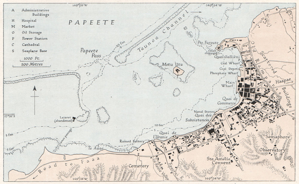 PAPEETE. French Polynesia. WW2 ROYAL NAVY INTELLIGENCE MAP 1943 old