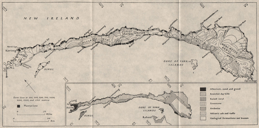 PAPAU NEW GUINEA.New Ireland.Landforms plantations.WW2 RN INTELLIGENCE MAP 1944