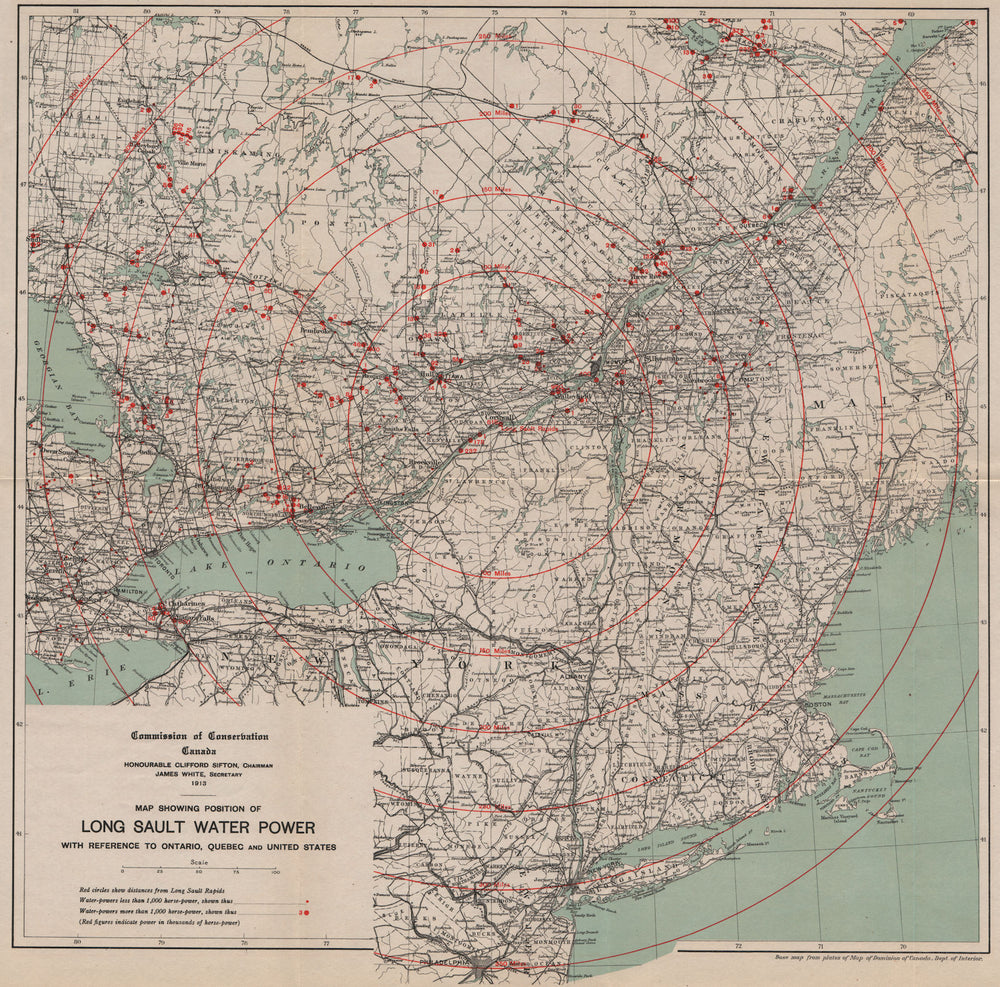 CANADA. Long Sault Water Power. Reference to Ontario, Quebec & USA 1913 map
