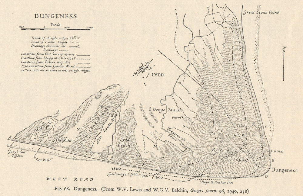 DUNGENESS. Coastline in 750, 1617, 1801, 1914-19. Lydd. Kent 1969 old map