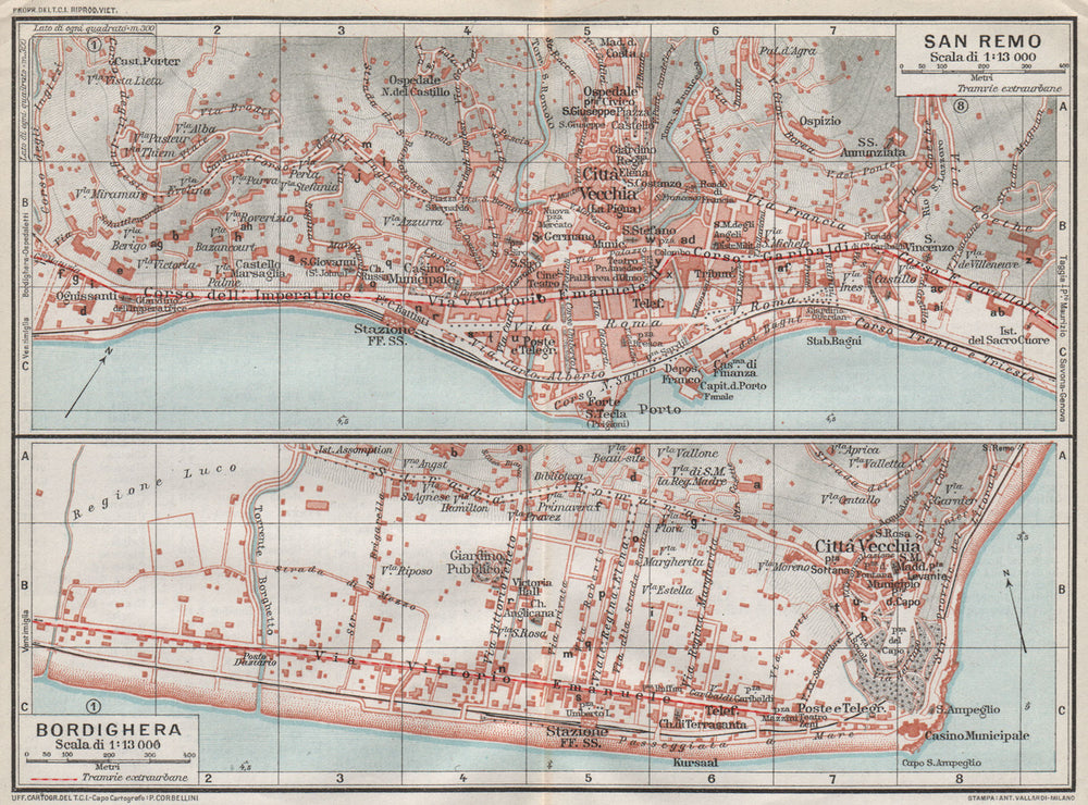SAN REMO & BORDIGHERA. Vintage town city map plans. Italy 1924 old antique