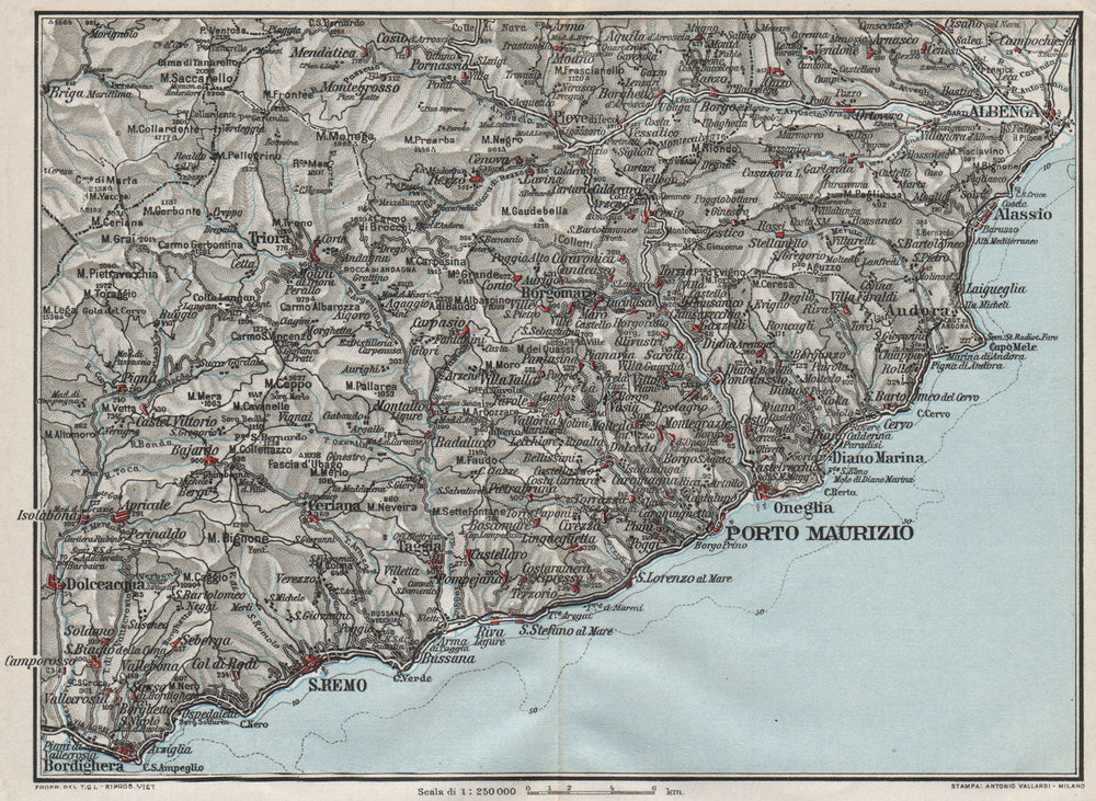 ITALIAN RIVIERA LIGURE PONENTE. Bordighera San Remo Porto Maurizio 1924 map