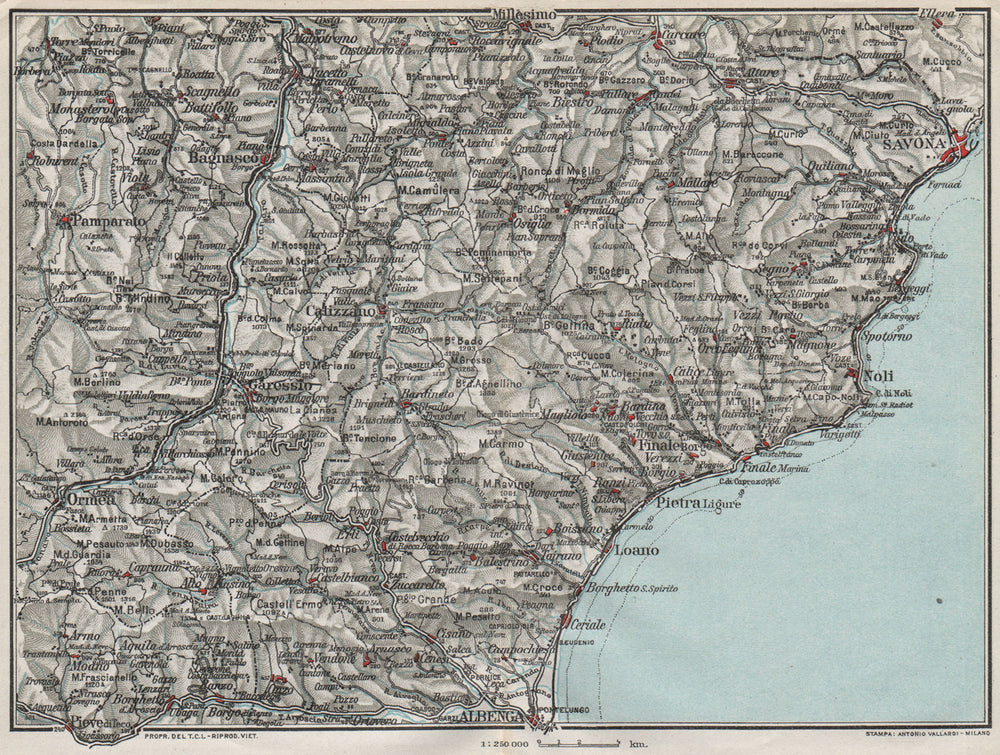 ITALIAN RIVIERA LIGURE PONENTE. Albenga Savona Noli Pietra 1924 old map