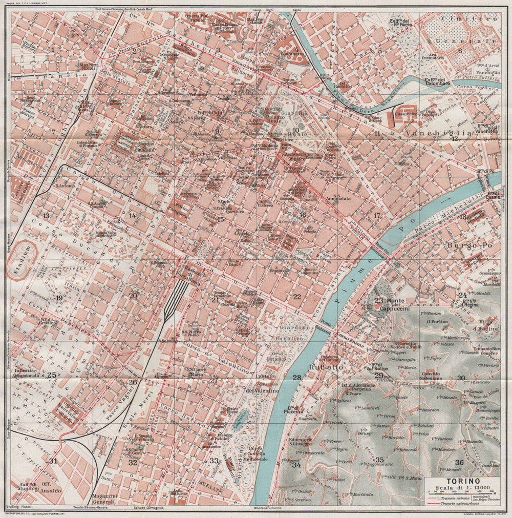 TURIN TORINO. Vintage town city map plan. Italy 1924 old antique chart