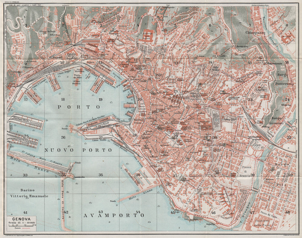 GENOA GENOVA. Vintage town city map plan. Italy 1924 old antique chart