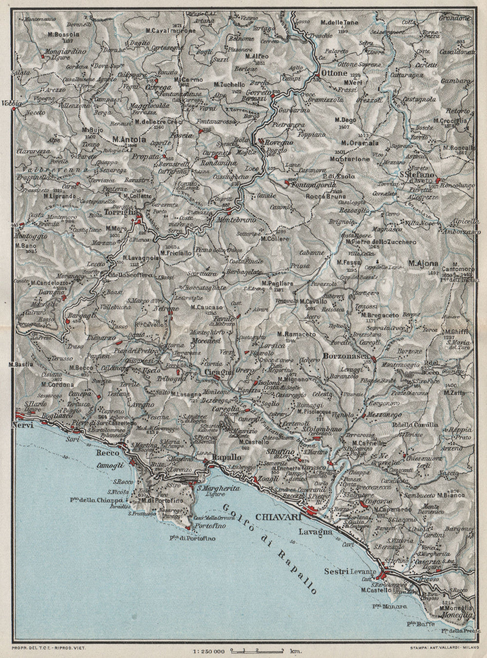 ITALIAN RIVIERA LIGURE LEVANTE. Portofino S Margherita Chiavari Rapallo 1924 map