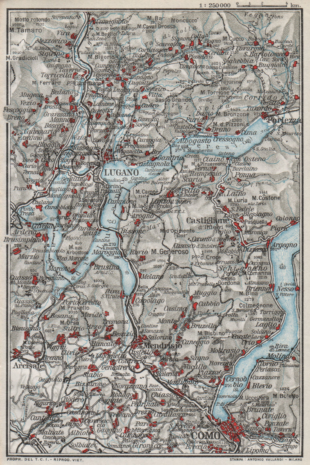 LAKE LAGO DI LUGANO. Vintage map plan. Como. Switzerland 1924 old antique