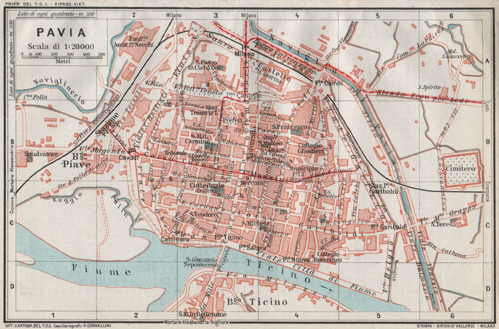 PAVIA. Vintage town city map plan. Italy 1924 old antique chart