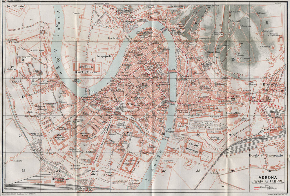 VERONA. Vintage town city map plan. Italy 1924 old antique chart