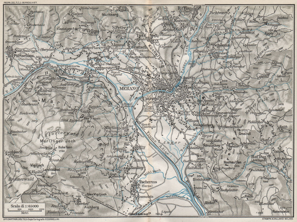 MERANO & ENVIRONS. Vintage map plan. Italy 1924 old antique chart