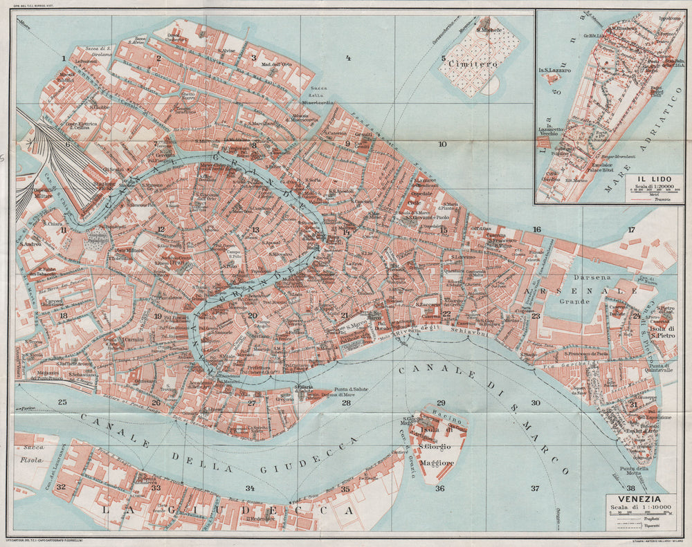 VENEZIA. Vintage town city map plan. Inset Lido. Venice 1924 old antique