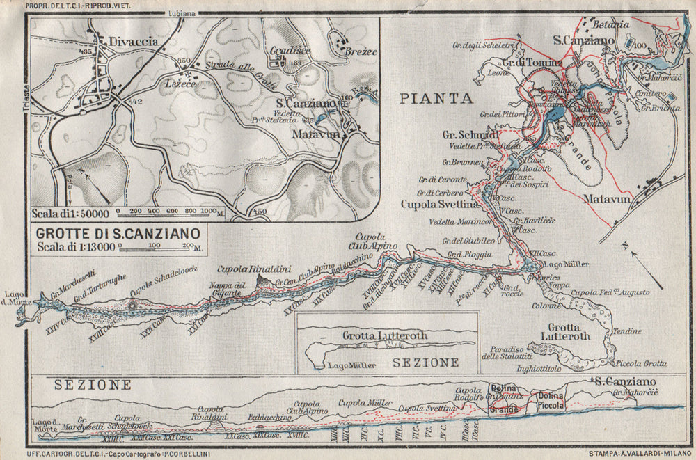 SKOCJAN CAVES. Škocjanske jame. Grotte di San Canziano. Slovenia 1924 old map