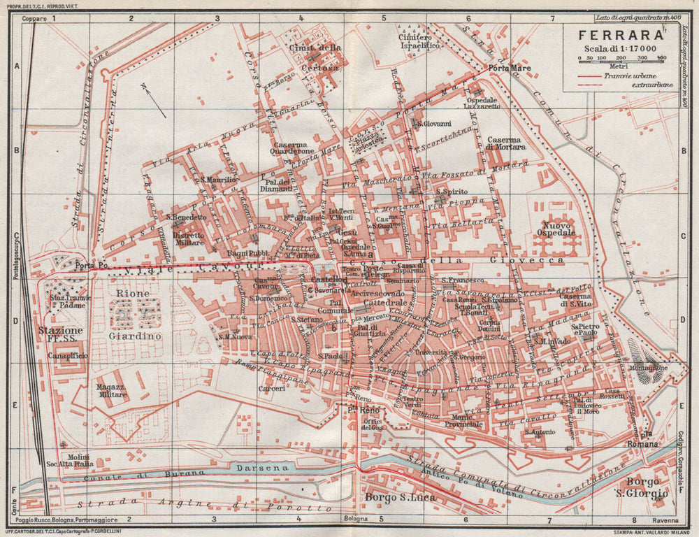 FERRARA. Vintage town city map plan. Italy 1924 old antique chart
