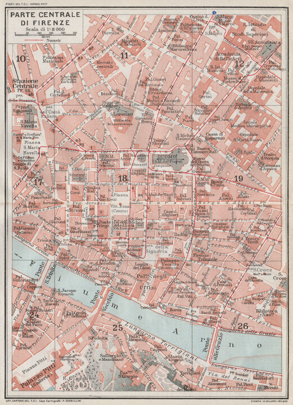 CENTRAL FLORENCE FIRENZE. Vintage town city map plan. Italy 1924 old